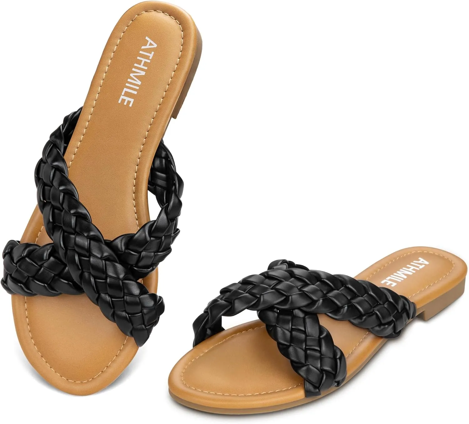 ATHMILE Women's Flat Sandals Crossover Braided Sandals for Women Fashion Round Open Toe Slip On Slide for Dressy Summer