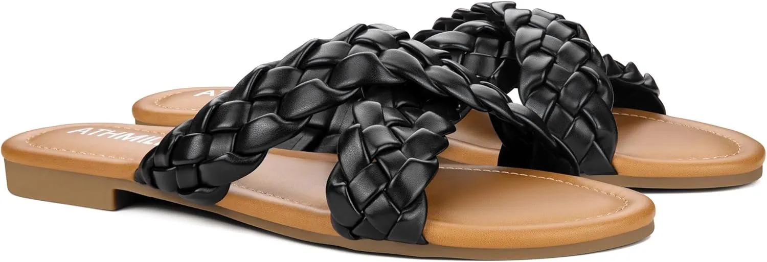ATHMILE Women's Flat Sandals Crossover Braided Sandals for Women Fashion Round Open Toe Slip On Slide for Dressy Summer