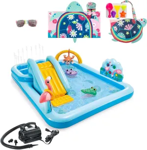Aventis Kids Jungle Adventure Inflatable Play Center Fun in The Sun Water Pool Bundle with Matching Adorable Turtle Hooded Towel, Beach Tote, Classic Sunglasses, & Electric Air Pump for Ages 3 