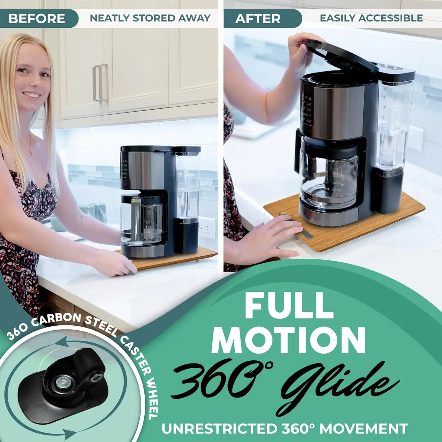 Bamboo Countertop Appliance Slider with 360' Wheels - Appliance Sliding Tray for Coffee Maker & Heavy Kitchen Appliances - Bamboo Rolling Tray, (7.5"x14.5" Natural)