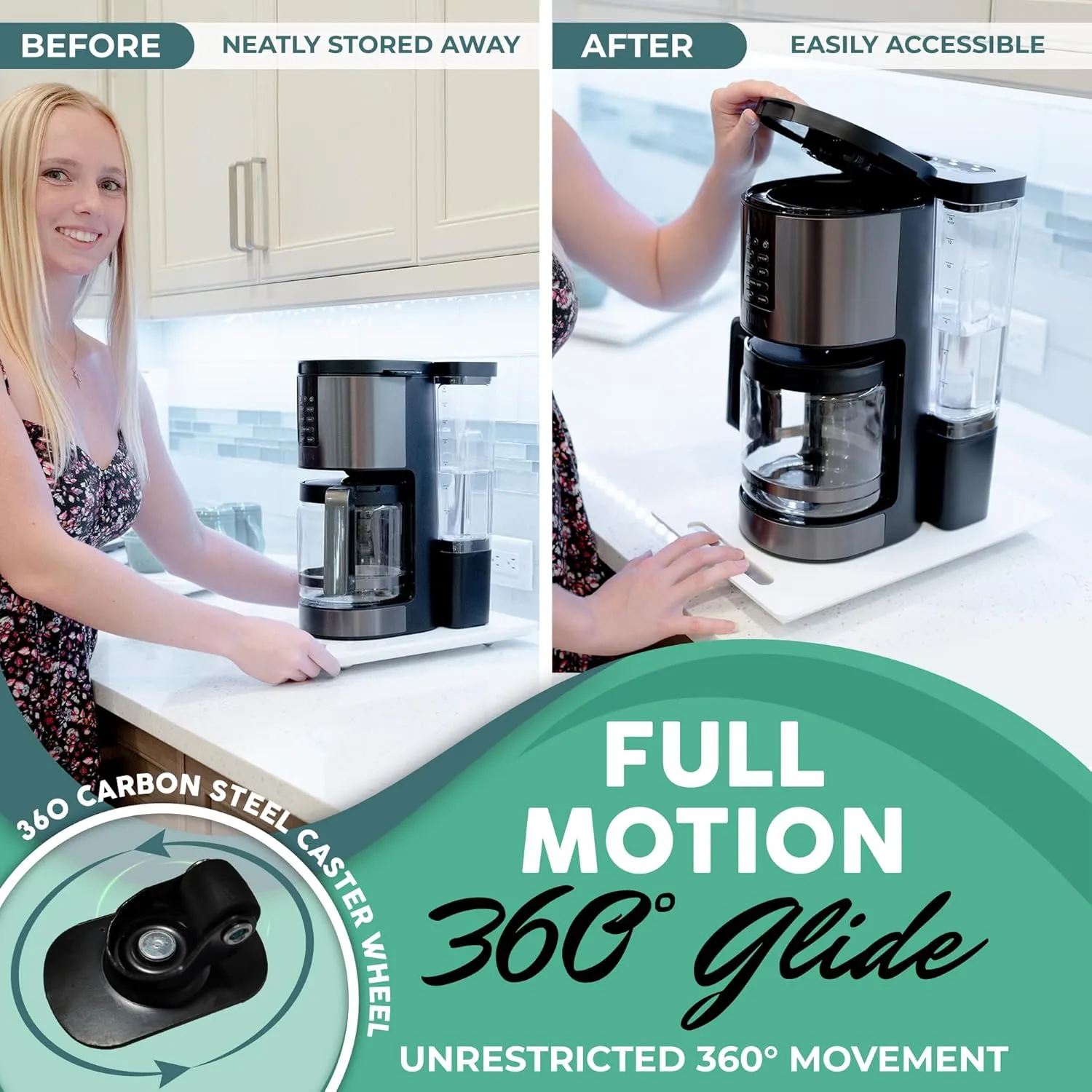 Bamboo Countertop Appliance Slider with 360 Wheels - Rolling Tray for Coffee Maker & Heavy Appliances - Bamboo, White (7.5"x14.5")