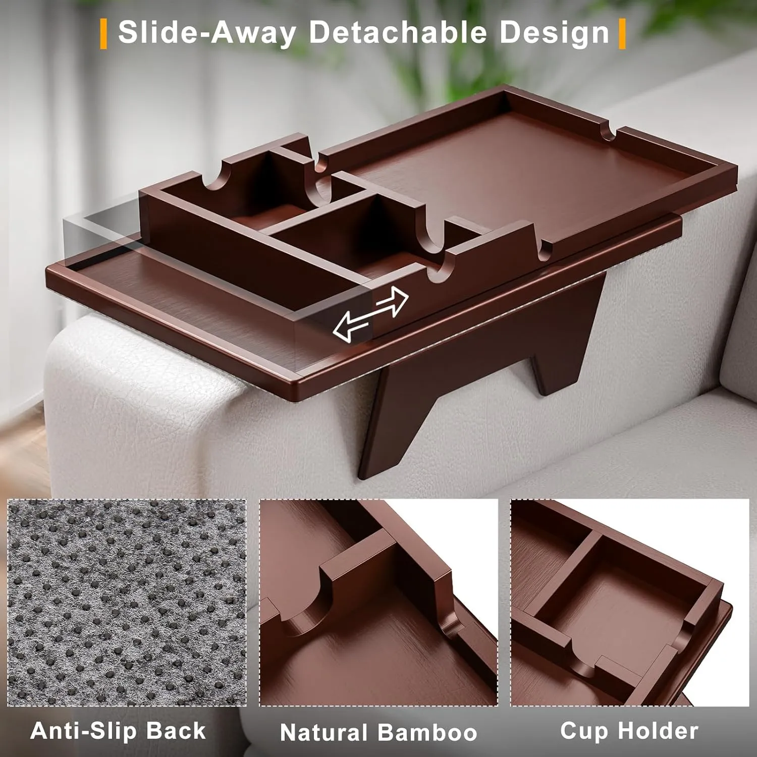 Bamboo Sofa Armrest Tray - 2 in 1 Couch Armrest Table with Be Slide-Away Detachable Double Cup Holder - Sofa Armchair Caddy for Cup Drinking Snacks iPad TV Remote (Walnut)
