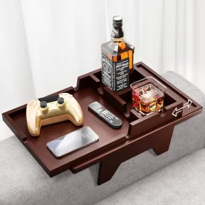 Bamboo Sofa Armrest Tray - 2 in 1 Couch Armrest Table with Be Slide-Away Detachable Double Cup Holder - Sofa Armchair Caddy for Cup Drinking Snacks iPad TV Remote (Walnut)