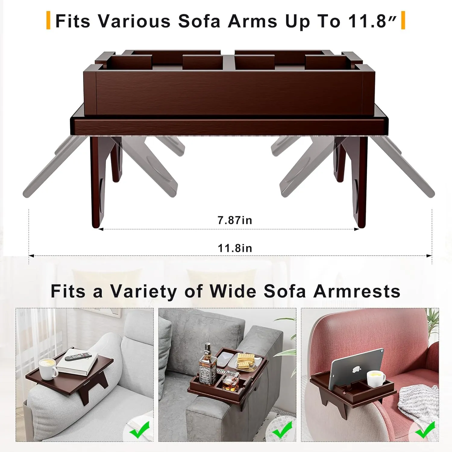 Bamboo Sofa Armrest Tray - 2 in 1 Couch Armrest Table with Be Slide-Away Detachable Double Cup Holder - Sofa Armchair Caddy for Cup Drinking Snacks iPad TV Remote (Walnut)