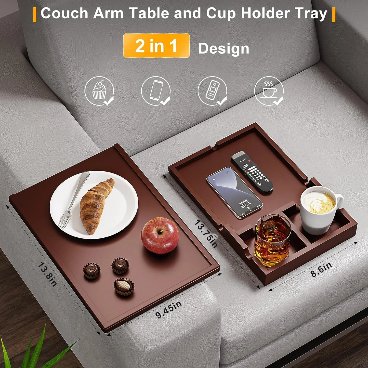 Bamboo Sofa Armrest Tray - 2 in 1 Couch Armrest Table with Be Slide-Away Detachable Double Cup Holder - Sofa Armchair Caddy for Cup Drinking Snacks iPad TV Remote (Walnut)