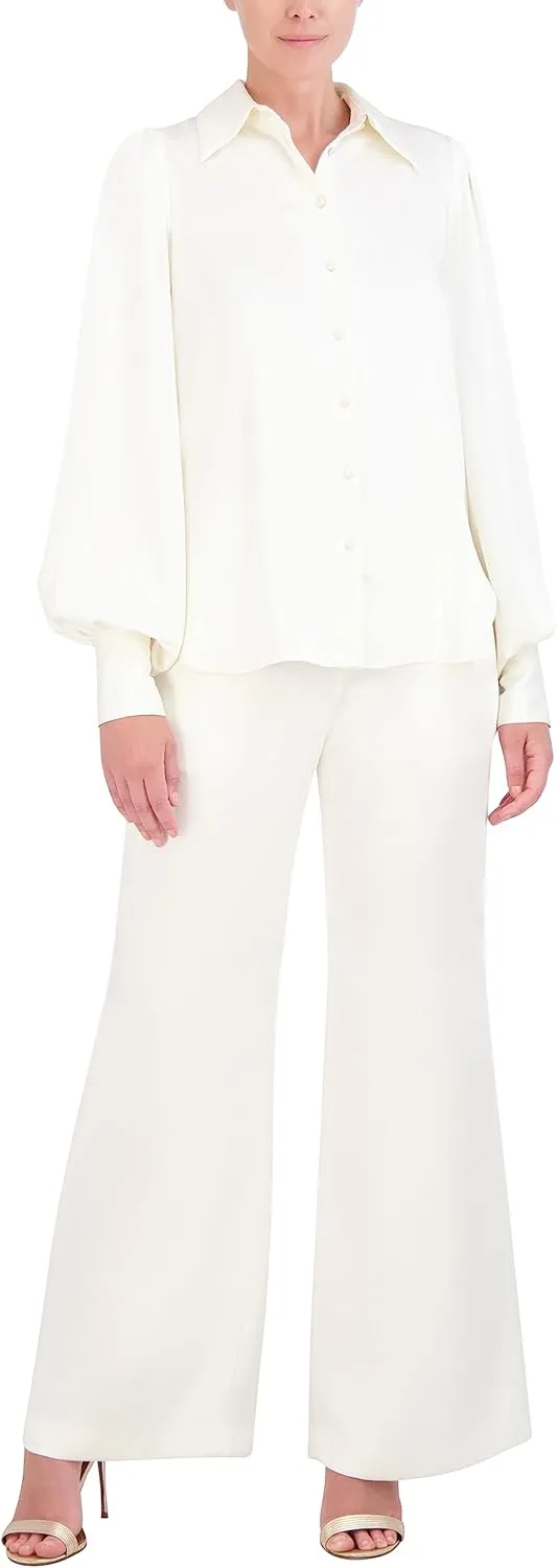 BCBGMAXAZRIA Women's Collar Neck Long Balloon Sleeve Satin Shirt
