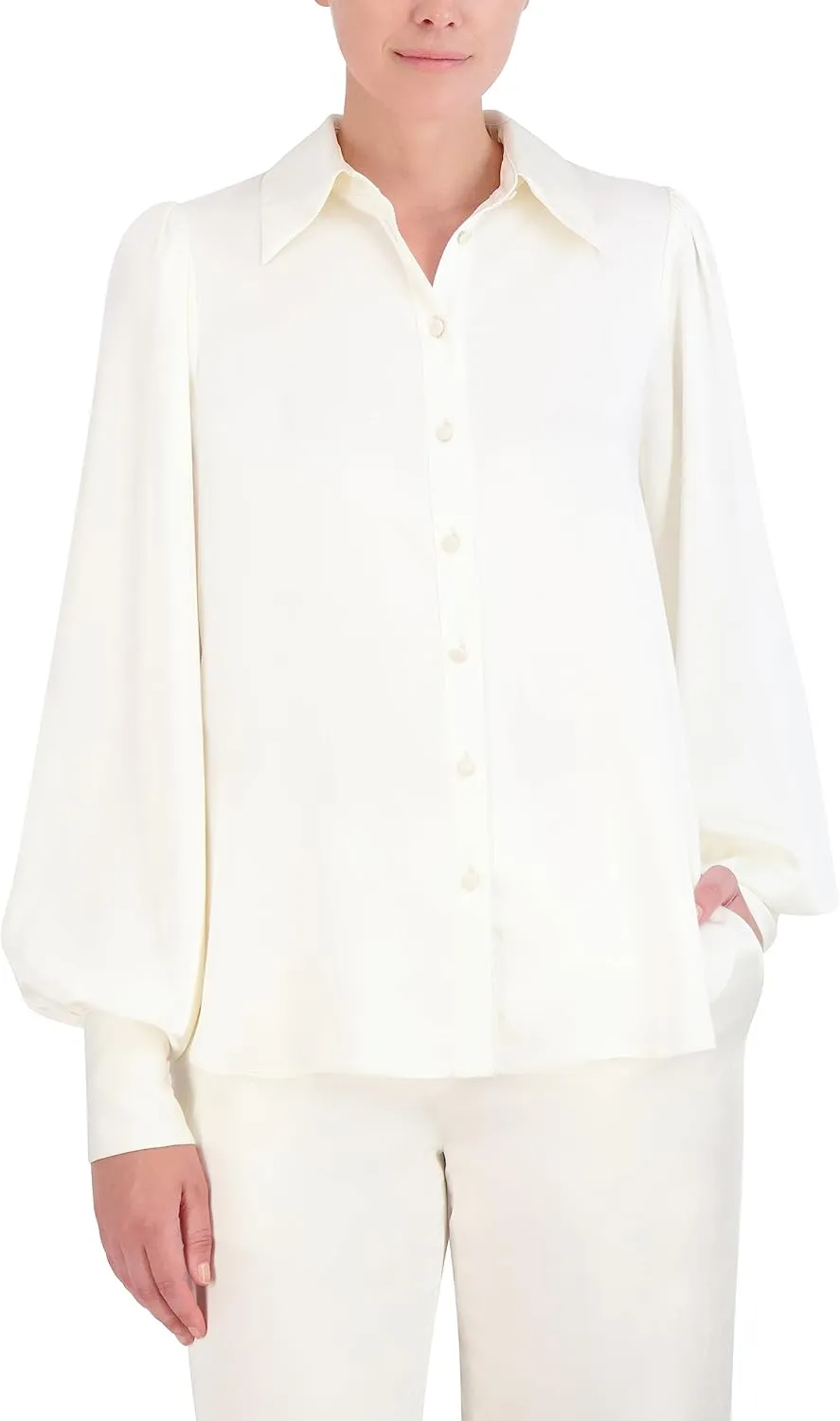 BCBGMAXAZRIA Women's Collar Neck Long Balloon Sleeve Satin Shirt