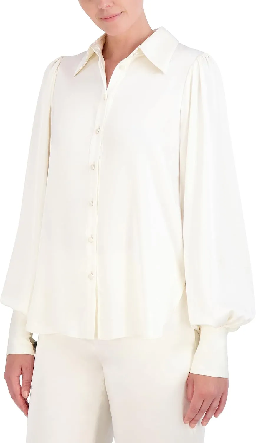 BCBGMAXAZRIA Women's Collar Neck Long Balloon Sleeve Satin Shirt