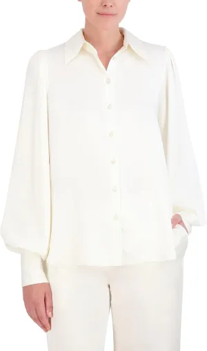 BCBGMAXAZRIA Women's Collar Neck Long Balloon Sleeve Satin Shirt