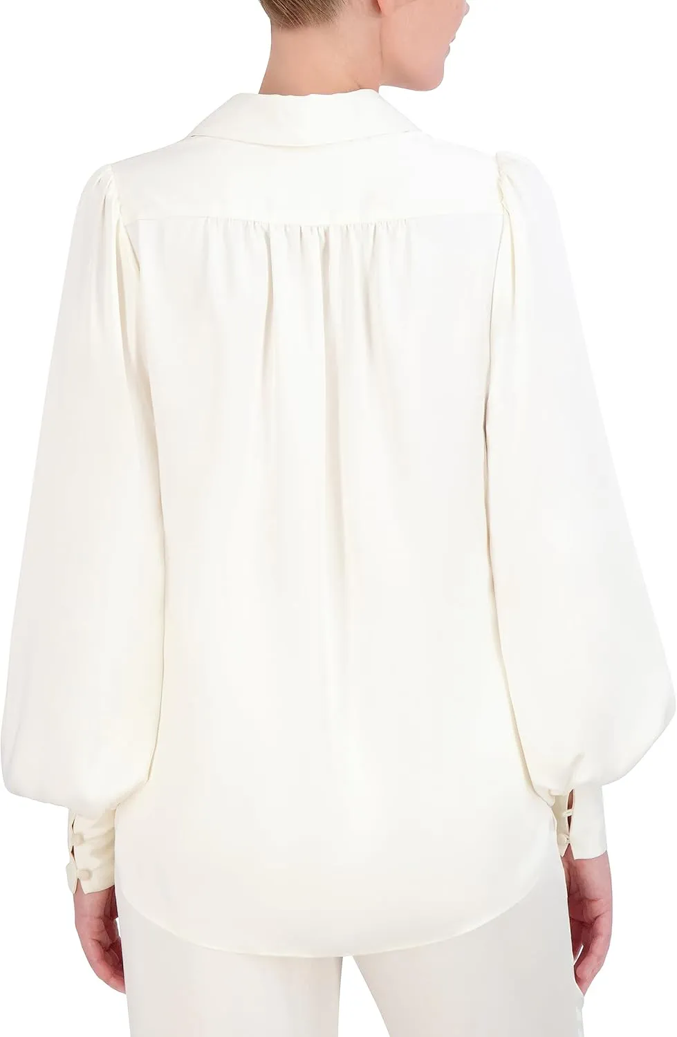 BCBGMAXAZRIA Women's Collar Neck Long Balloon Sleeve Satin Shirt
