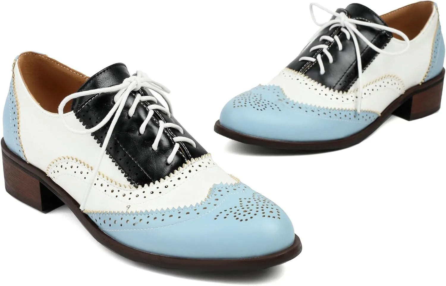 Betastella Womens Vintage Wingtip Lace Up Oxfords Chunky Low Heel Round Toe Pumps Brogue Oxford Shoes