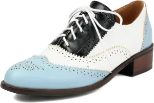 Betastella Womens Vintage Wingtip Lace Up Oxfords Chunky Low Heel Round Toe Pumps Brogue Oxford Shoes