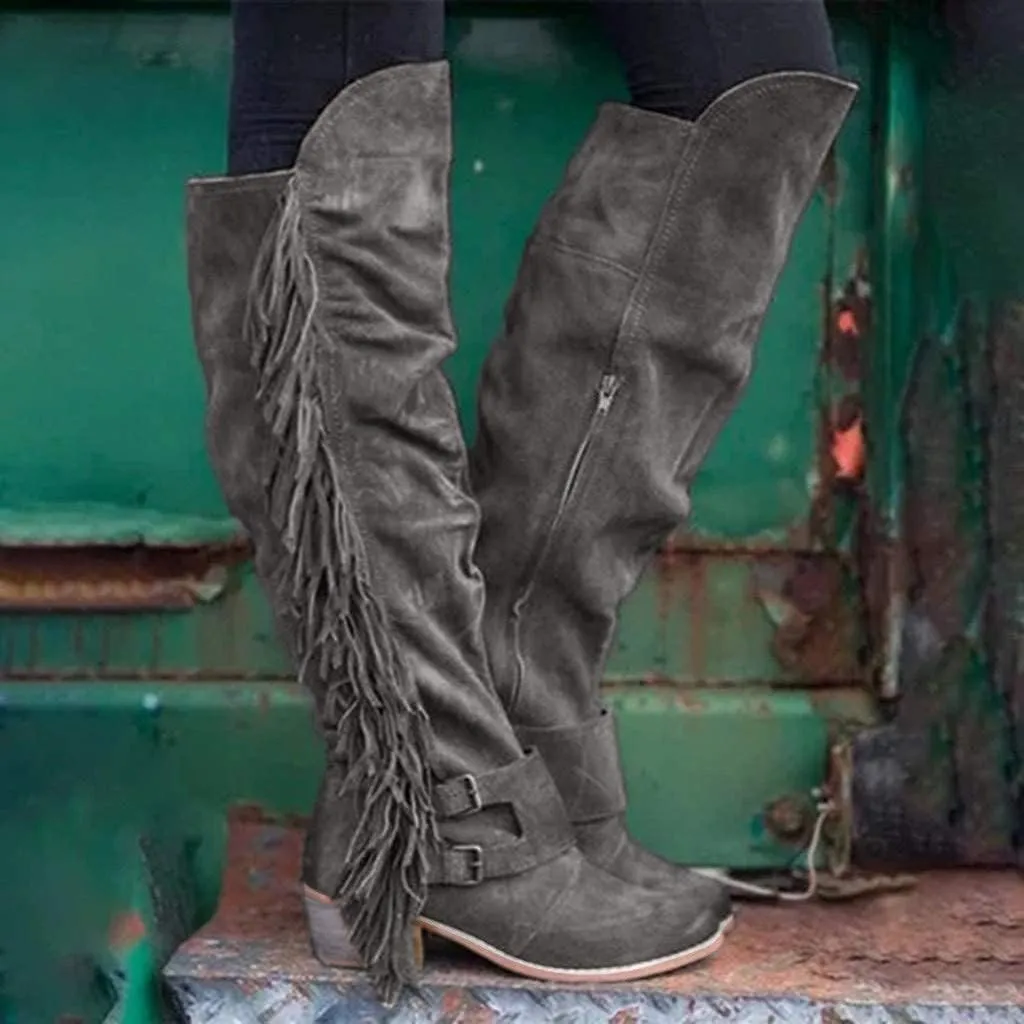BORAMAX Women's Over The Knee Boots Long Boots Square Heels Shoes Retro Fringe Moccasin Flat Heel Zipper Knee High Boots