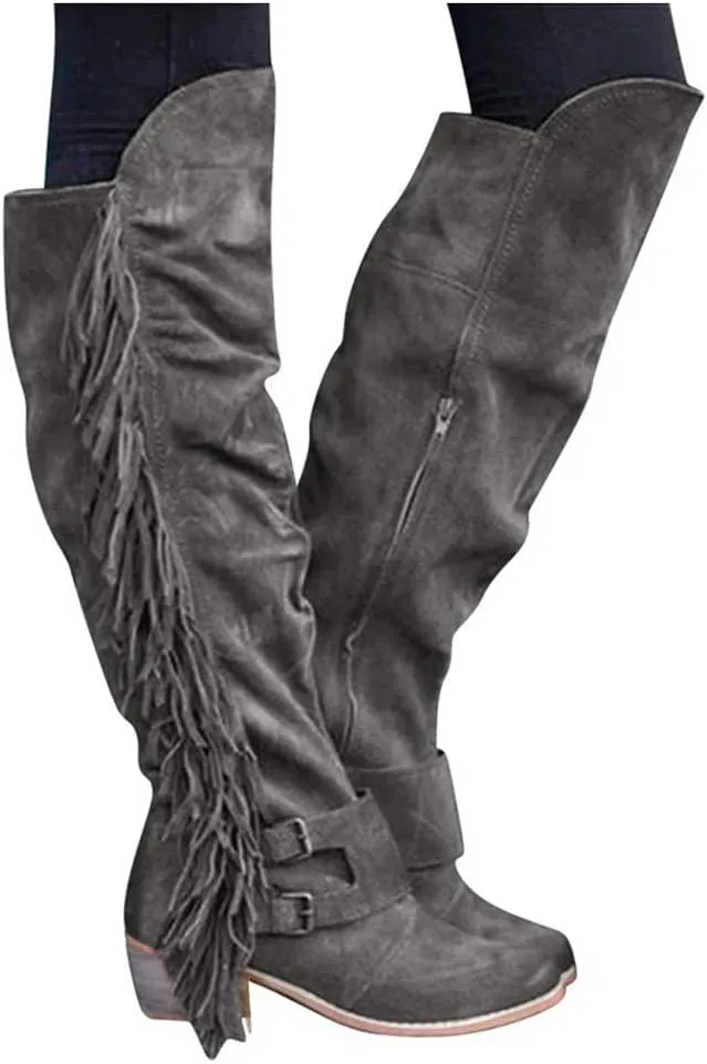 BORAMAX Women's Over The Knee Boots Long Boots Square Heels Shoes Retro Fringe Moccasin Flat Heel Zipper Knee High Boots
