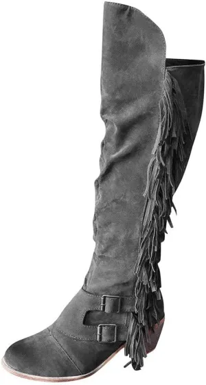 BORAMAX Women's Over The Knee Boots Long Boots Square Heels Shoes Retro Fringe Moccasin Flat Heel Zipper Knee High Boots