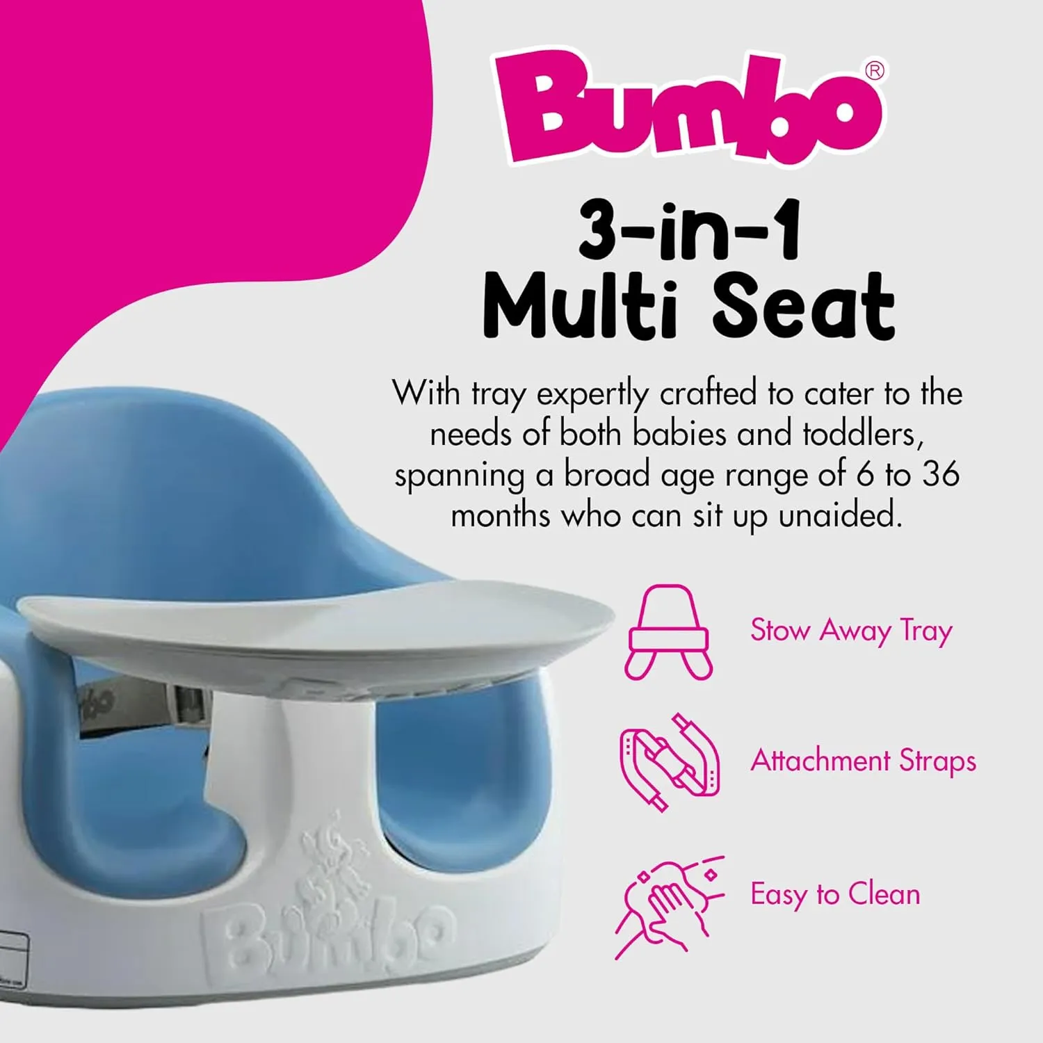 Bumbo Adjustable Height 3 in 1 Multi Seat, Non Slip Booster, Baby Chair for Eating and Chair for Toddlers with Removable Tray, Powder Blue (2 Pack)