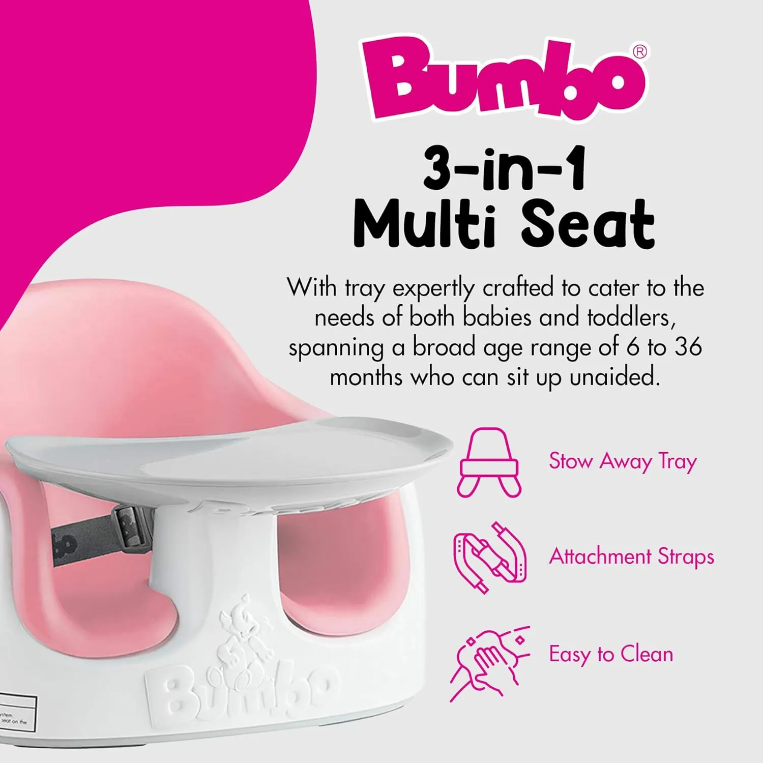 Bumbo Baby Toddler Adjustable 3 in 1 Multi Seat High Chair & Booster Seat w/Removable Tray and Buckle Strap for Toddlers 1 to 3, Cradle Pink (2 Pack)
