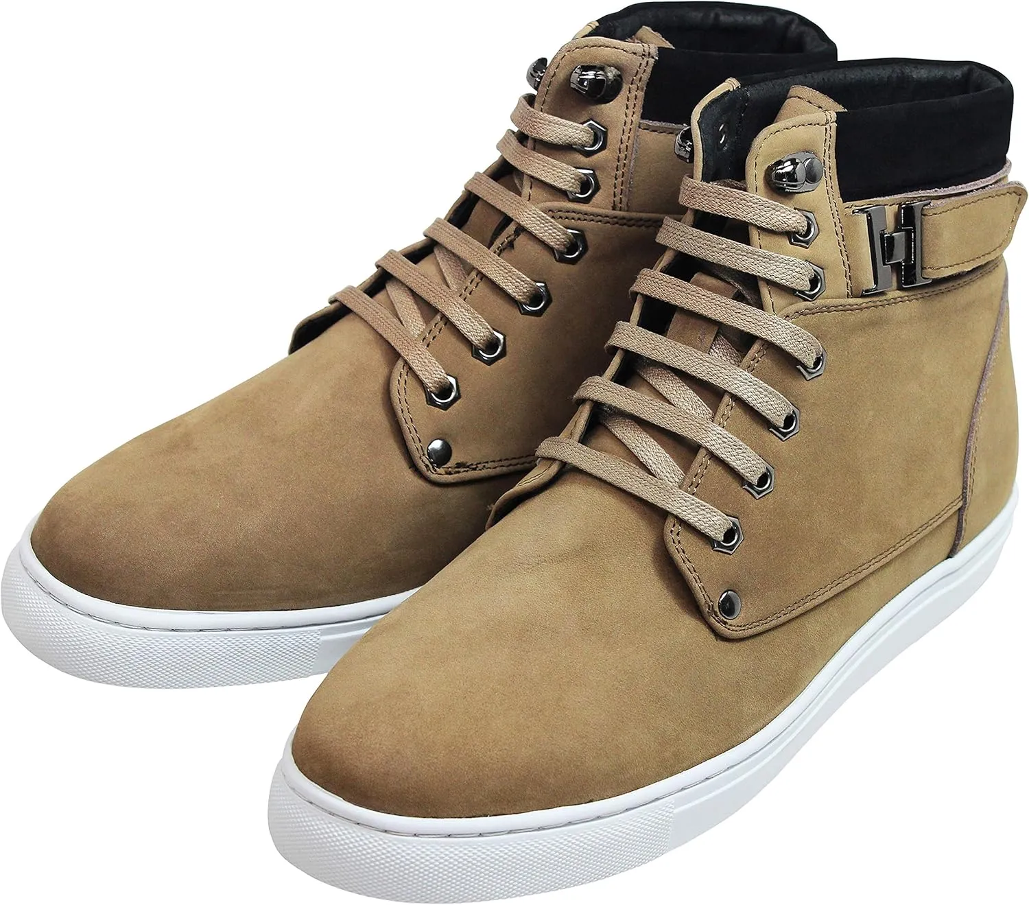 CALTO Men's Invisible Height Increasing Elevator Shoes - Tan Brown Nubuck Leather Lace-up Fashion Sneakers - 2.6 Inches Taller - T53121 - Size 6 D(M) US
