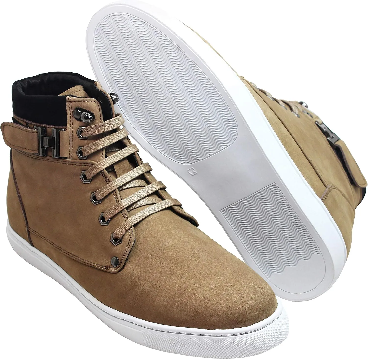 CALTO Men's Invisible Height Increasing Elevator Shoes - Tan Brown Nubuck Leather Lace-up Fashion Sneakers - 2.6 Inches Taller - T53121 - Size 6 D(M) US