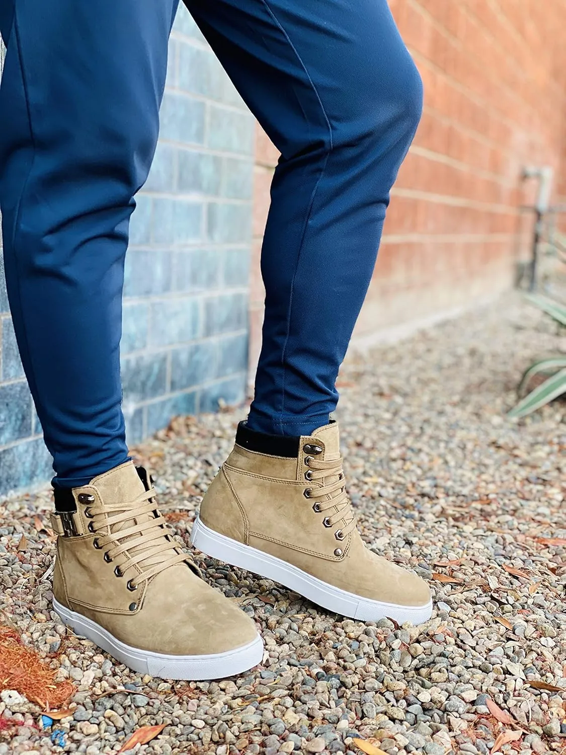 CALTO Men's Invisible Height Increasing Elevator Shoes - Tan Brown Nubuck Leather Lace-up Fashion Sneakers - 2.6 Inches Taller - T53121 - Size 6 D(M) US