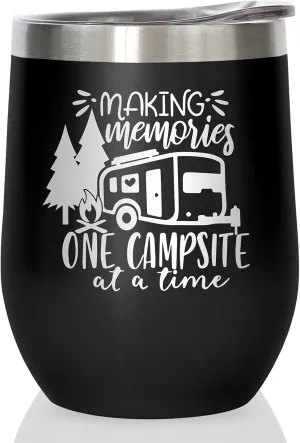 Camper Wine Tumbler Coffee Mug, Stemless Tumblers with Lid, Stainless Steel Insulated Vacuum 12 Oz, Camping Gifts, Making Memories One Campsite At A Time