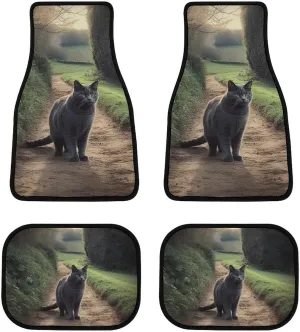 Car Floor Mat 4 Piece Universal Car Floor Pad Gray Cat Standing on Dirt Road Car Mat Set Rubber Floor Mat for Cars Non-Slip Car Carpet Decor Heel Pad for Most Vehicles