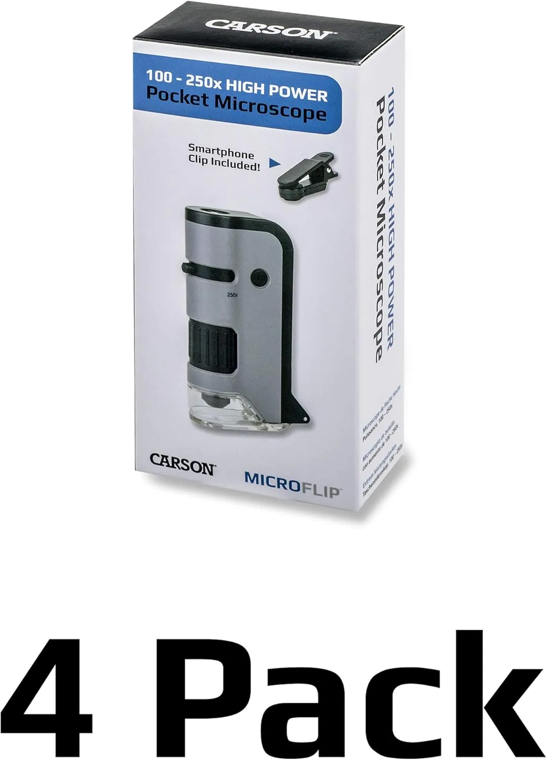 Carson MicroFlip 100x-250x LED and UV Lighted Pocket Microscope with Flip Down Slide Base and Adapter with CarsonCam Phone App - Set of 4 (MP-250MU)