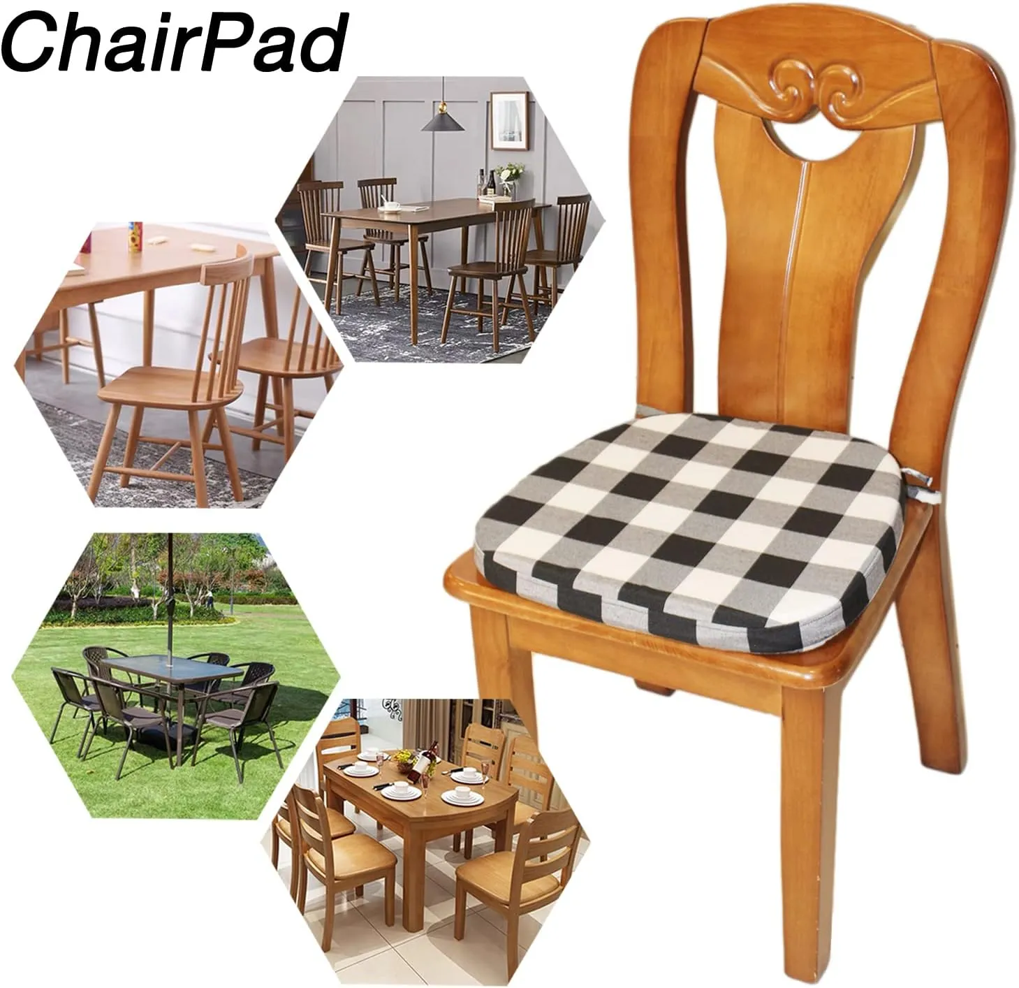 Chair Cushion with Ties for Dining Chair - Memory Foam No Slip Kitchen Chair pad and Dining Room Seat Cushion with Machine Washable Cover [16.5 X 16.2 Inches] - (Black White,1)