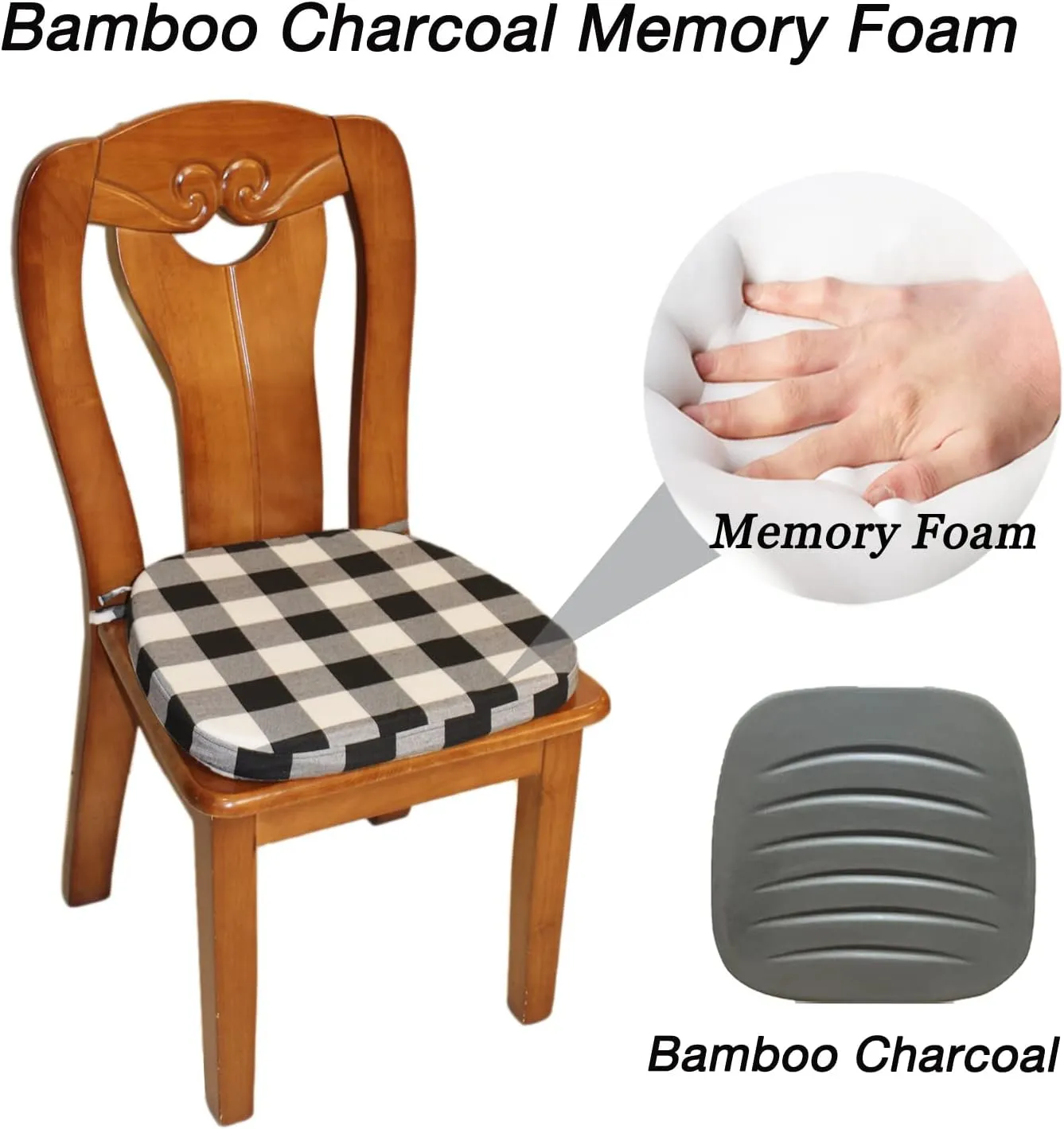 Chair Cushion with Ties for Dining Chair - Memory Foam No Slip Kitchen Chair pad and Dining Room Seat Cushion with Machine Washable Cover [16.5 X 16.2 Inches] - (Black White,1)