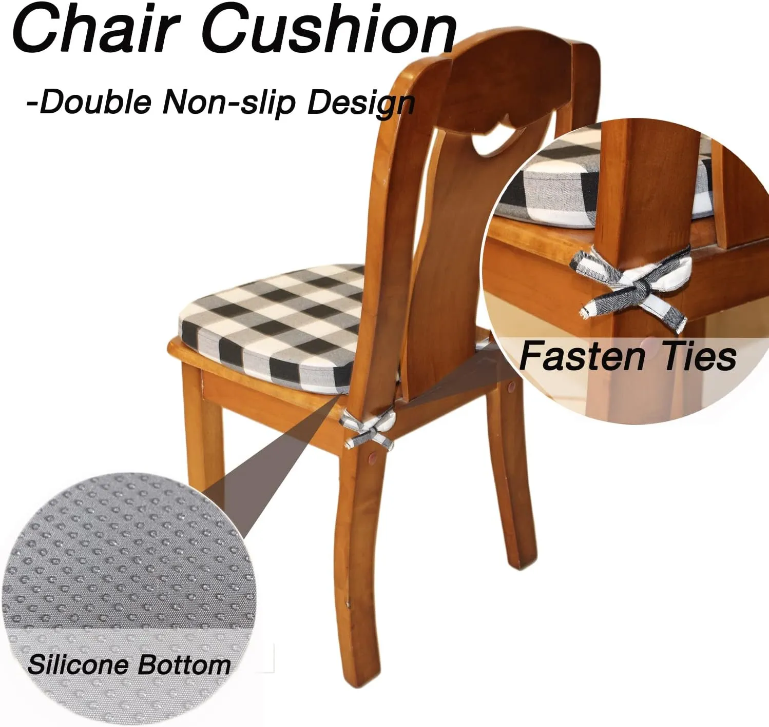Chair Cushion with Ties for Dining Chair - Memory Foam No Slip Kitchen Chair pad and Dining Room Seat Cushion with Machine Washable Cover [16.5 X 16.2 Inches] - (Black White,1)
