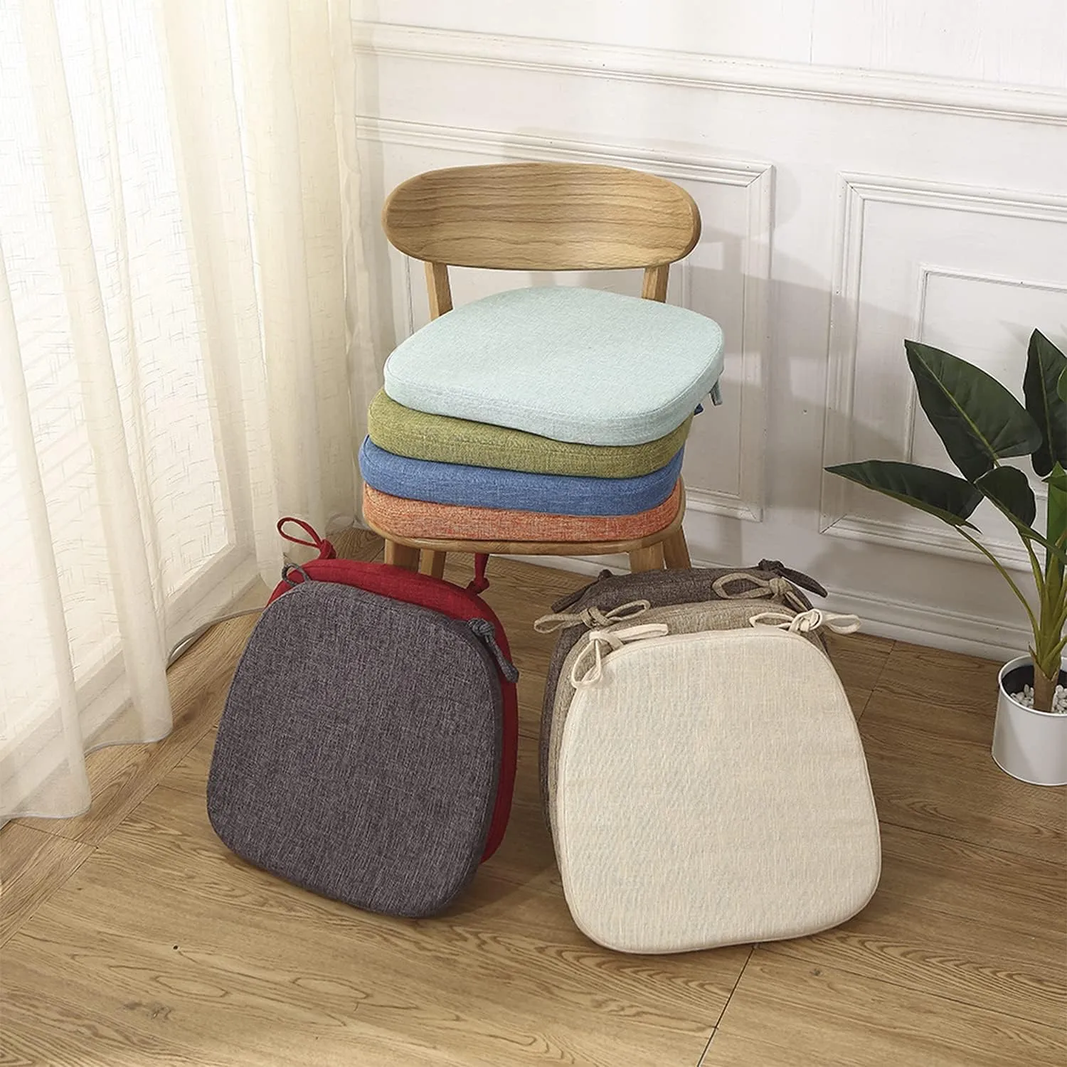 Chair Cushion with Ties for Dining Chairs - Memory Foam Non Slip Kitchen Chair Pad and Dining Seat Cushion with Machine Washable Cover [16.5 x 16.2 Inches] - Brown