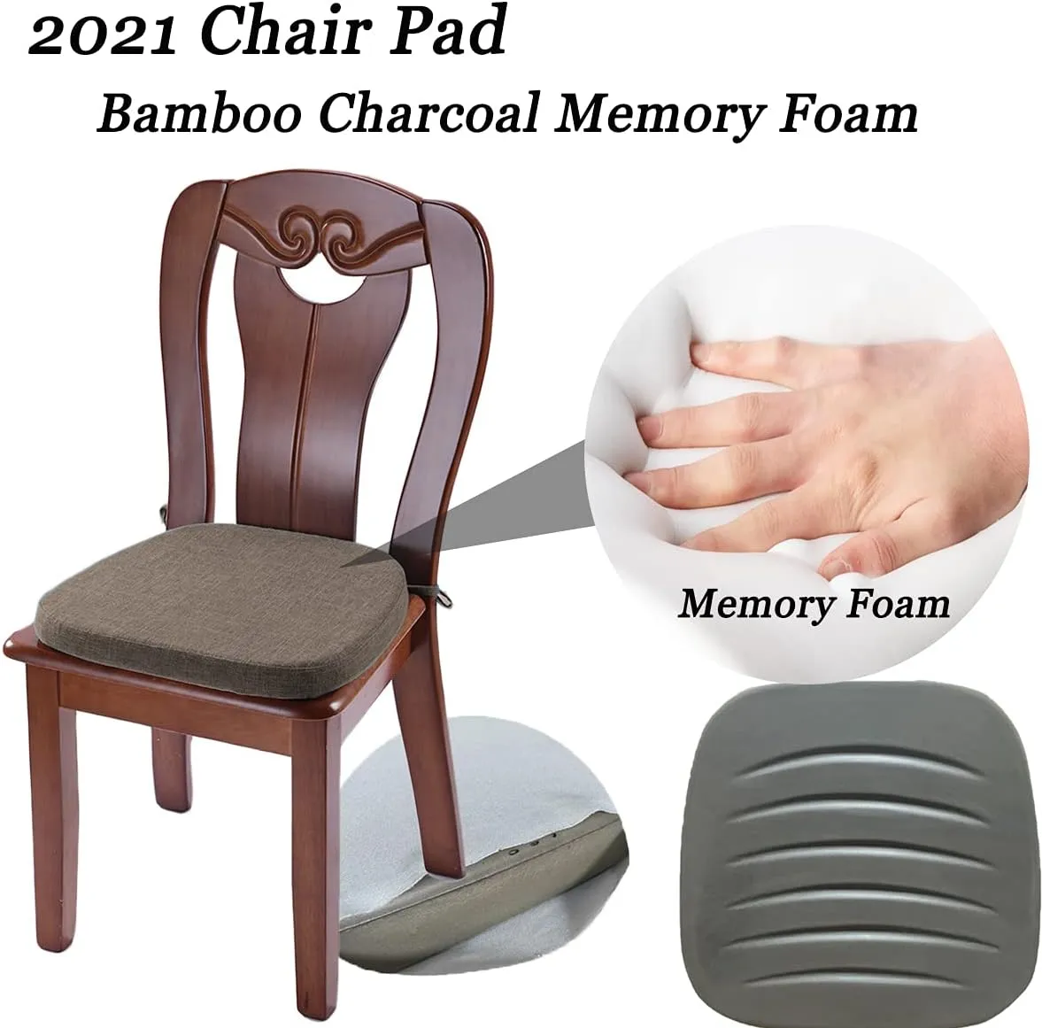 Chair Cushion with Ties for Dining Chairs - Memory Foam Non Slip Kitchen Chair Pad and Dining Seat Cushion with Machine Washable Cover [16.5 x 16.2 Inches] - Brown