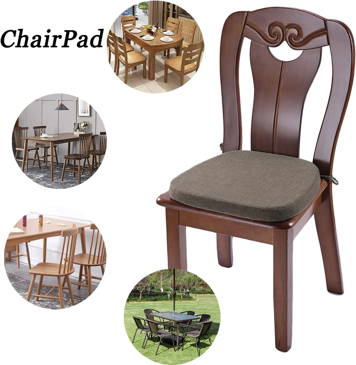 Chair Cushion with Ties for Dining Chairs - Memory Foam Non Slip Kitchen Chair Pad and Dining Seat Cushion with Machine Washable Cover [16.5 x 16.2 Inches] - Brown