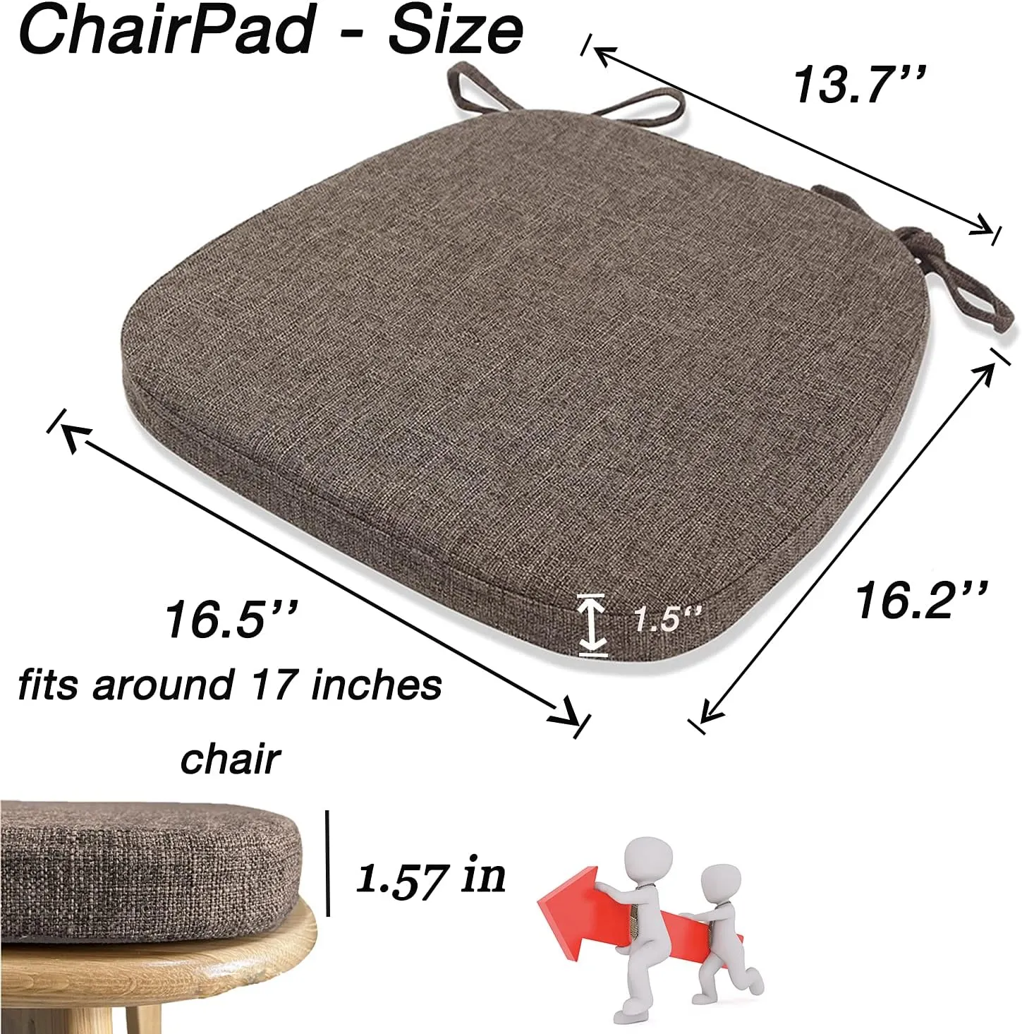 Chair Cushion with Ties for Dining Chairs - Memory Foam Non Slip Kitchen Chair Pad and Dining Seat Cushion with Machine Washable Cover [16.5 x 16.2 Inches] - Brown