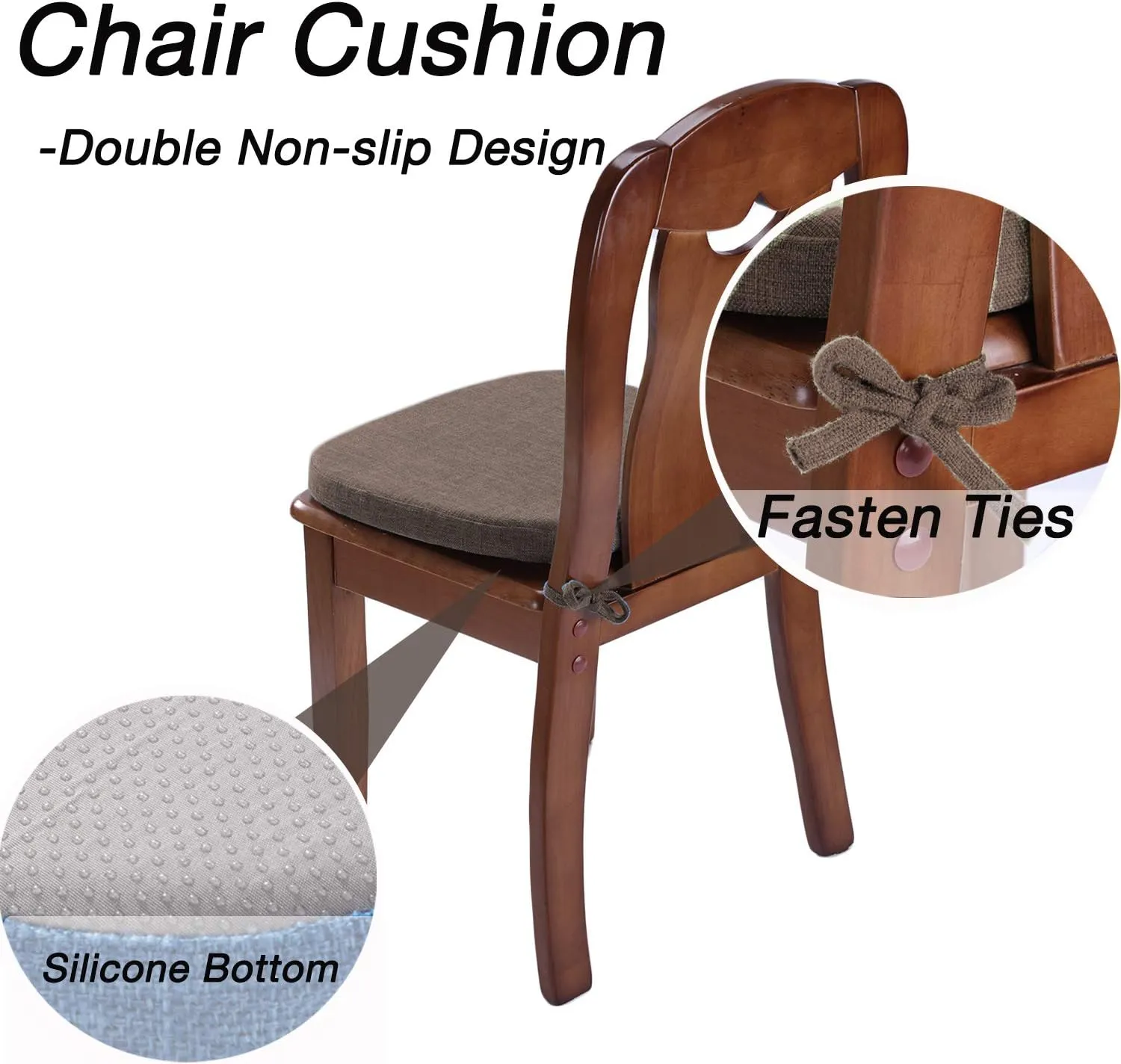 Chair Cushion with Ties for Dining Chairs - Memory Foam Non Slip Kitchen Chair Pad and Dining Seat Cushion with Machine Washable Cover [16.5 x 16.2 Inches] - Brown