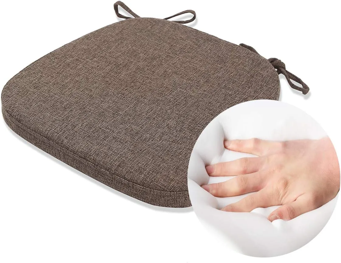 Chair Cushion with Ties for Dining Chairs - Memory Foam Non Slip Kitchen Chair Pad and Dining Seat Cushion with Machine Washable Cover [16.5 x 16.2 Inches] - Brown