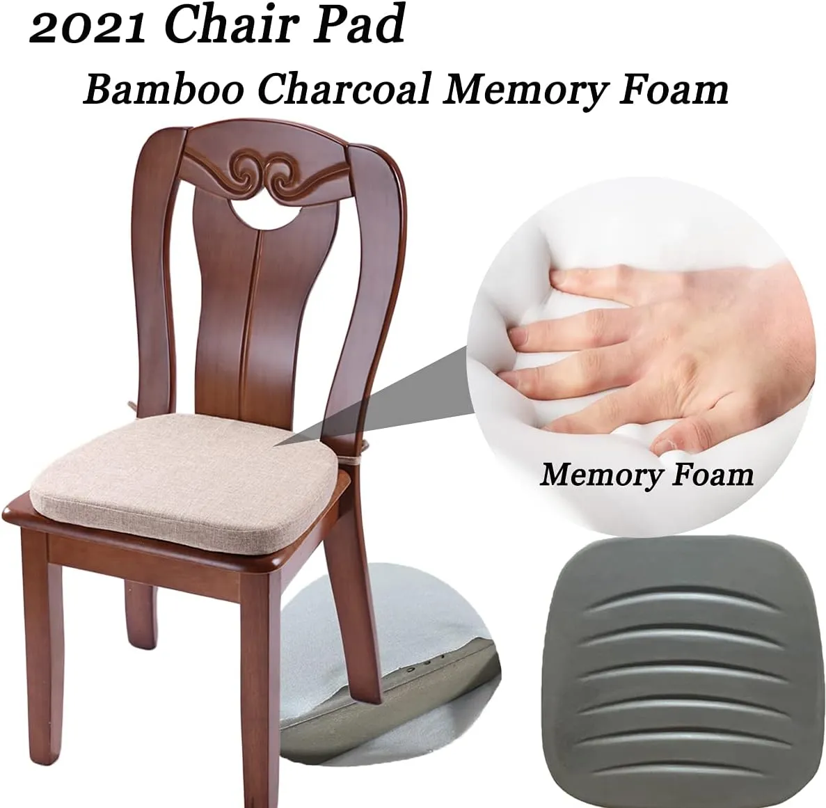 Chair Cushion with Ties for Dining Chairs - Memory Foam Non Slip Kitchen Chair Pad and Dining Seat Cushion with Machine Washable Cover [16.5 x 16.2 Inches] - Dark Beige