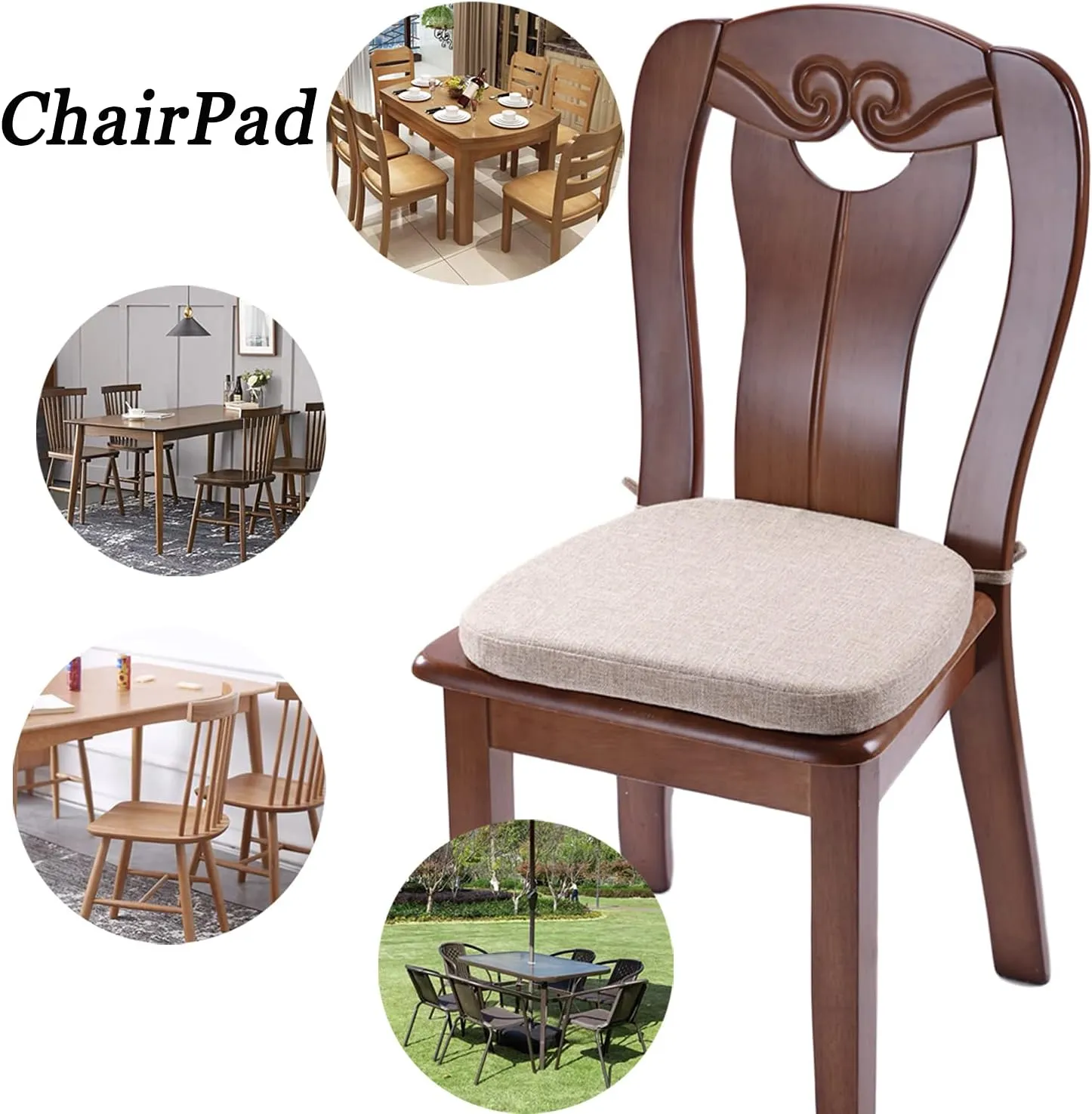 Chair Cushion with Ties for Dining Chairs - Memory Foam Non Slip Kitchen Chair Pad and Dining Seat Cushion with Machine Washable Cover [16.5 x 16.2 Inches] - Dark Beige