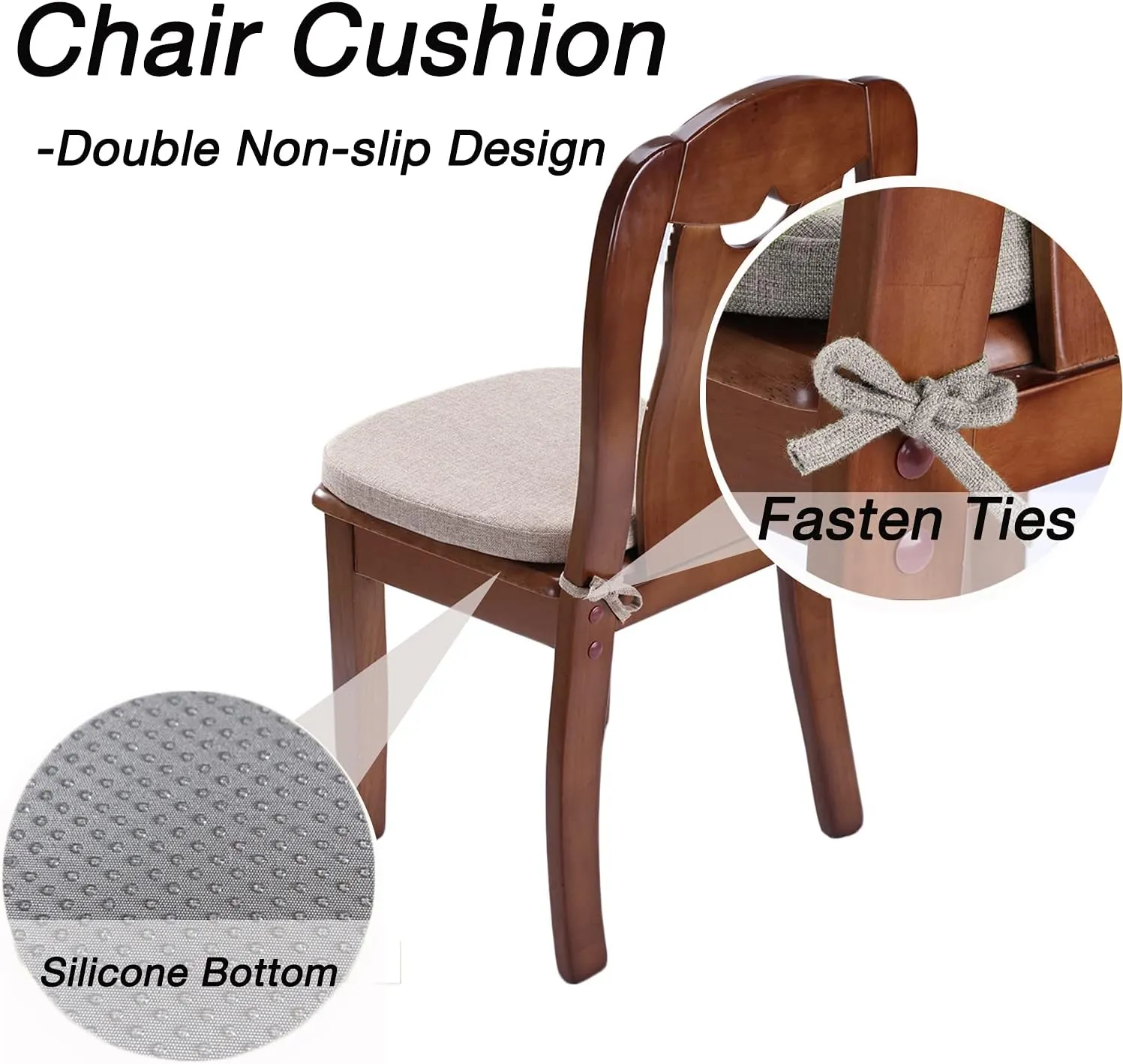 Chair Cushion with Ties for Dining Chairs - Memory Foam Non Slip Kitchen Chair Pad and Dining Seat Cushion with Machine Washable Cover [16.5 x 16.2 Inches] - Dark Beige