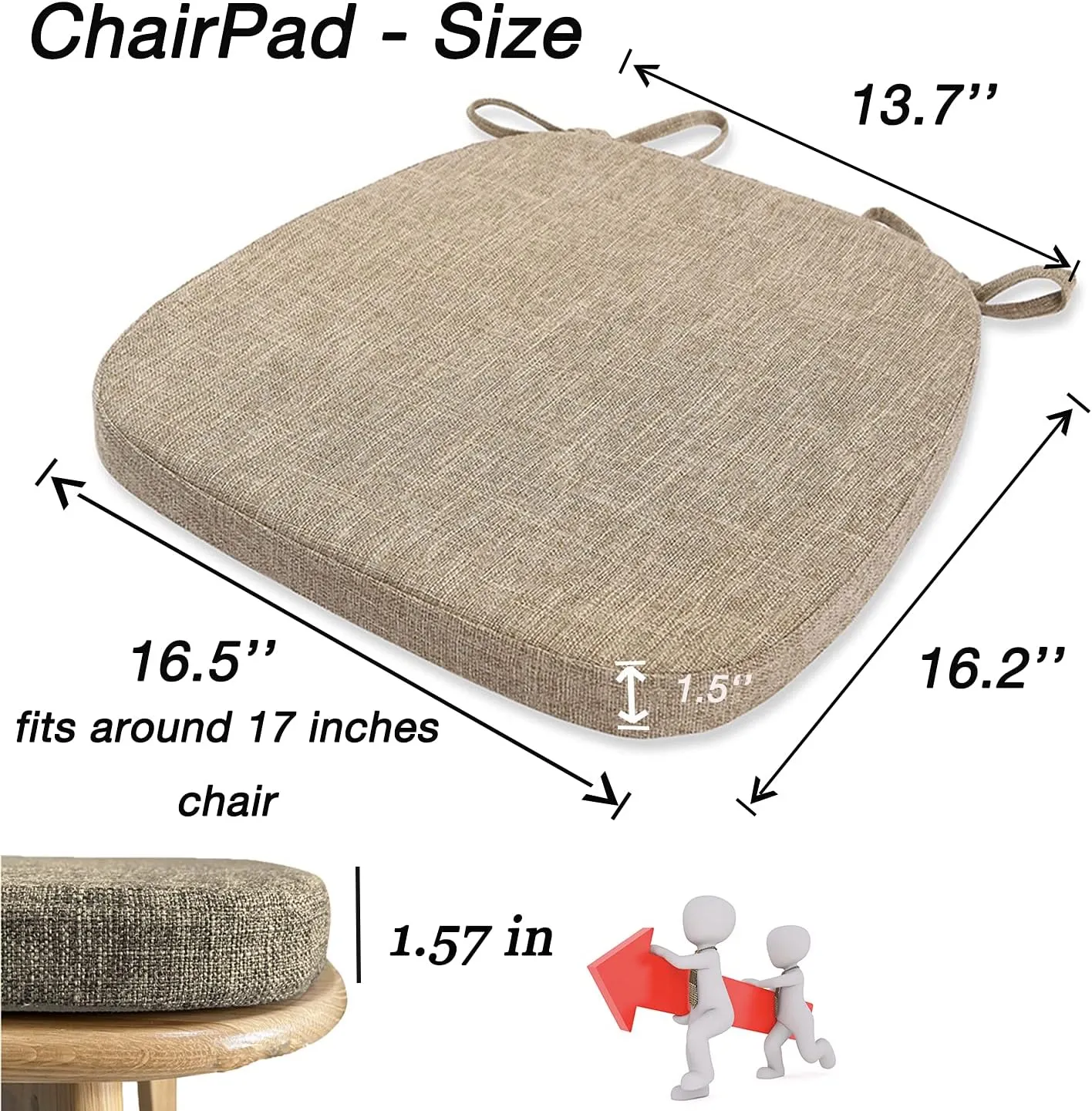 Chair Cushion with Ties for Dining Chairs - Memory Foam Non Slip Kitchen Chair Pad and Dining Seat Cushion with Machine Washable Cover [16.5 x 16.2 Inches] - Dark Beige