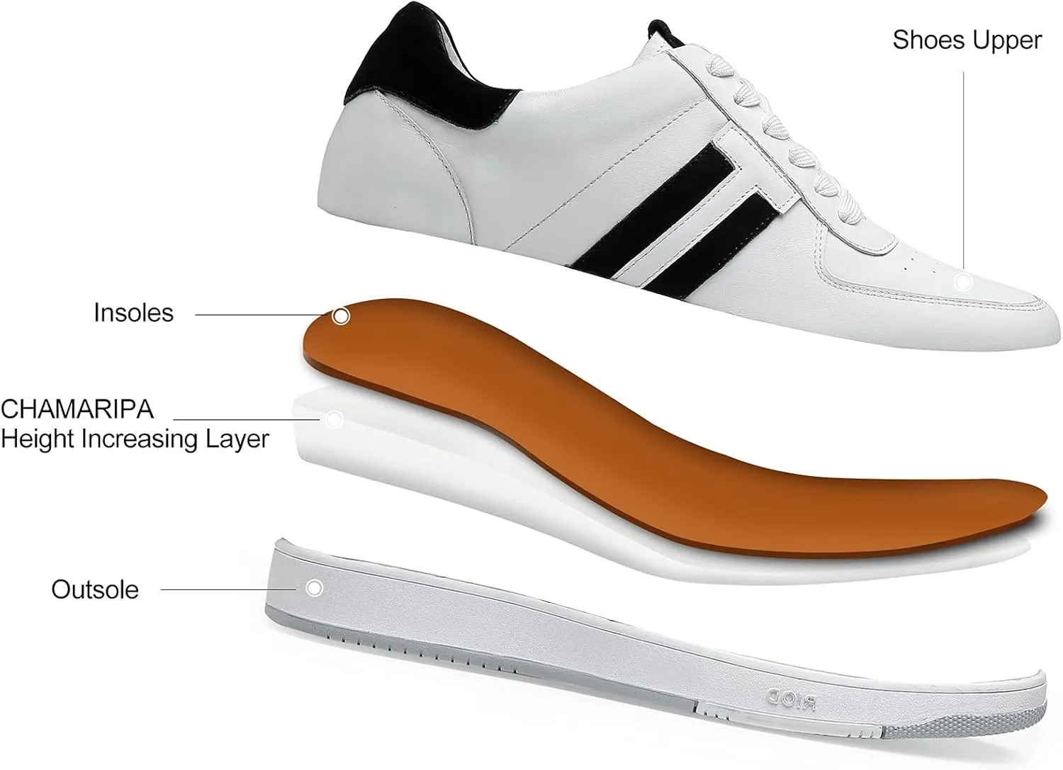 CHAMARIPA Hidden Heel Premium Leather Height Increase Low-Top Skate Shoes Men's Invisible Height Increasing Elevator Casual Fashion Sneaker
