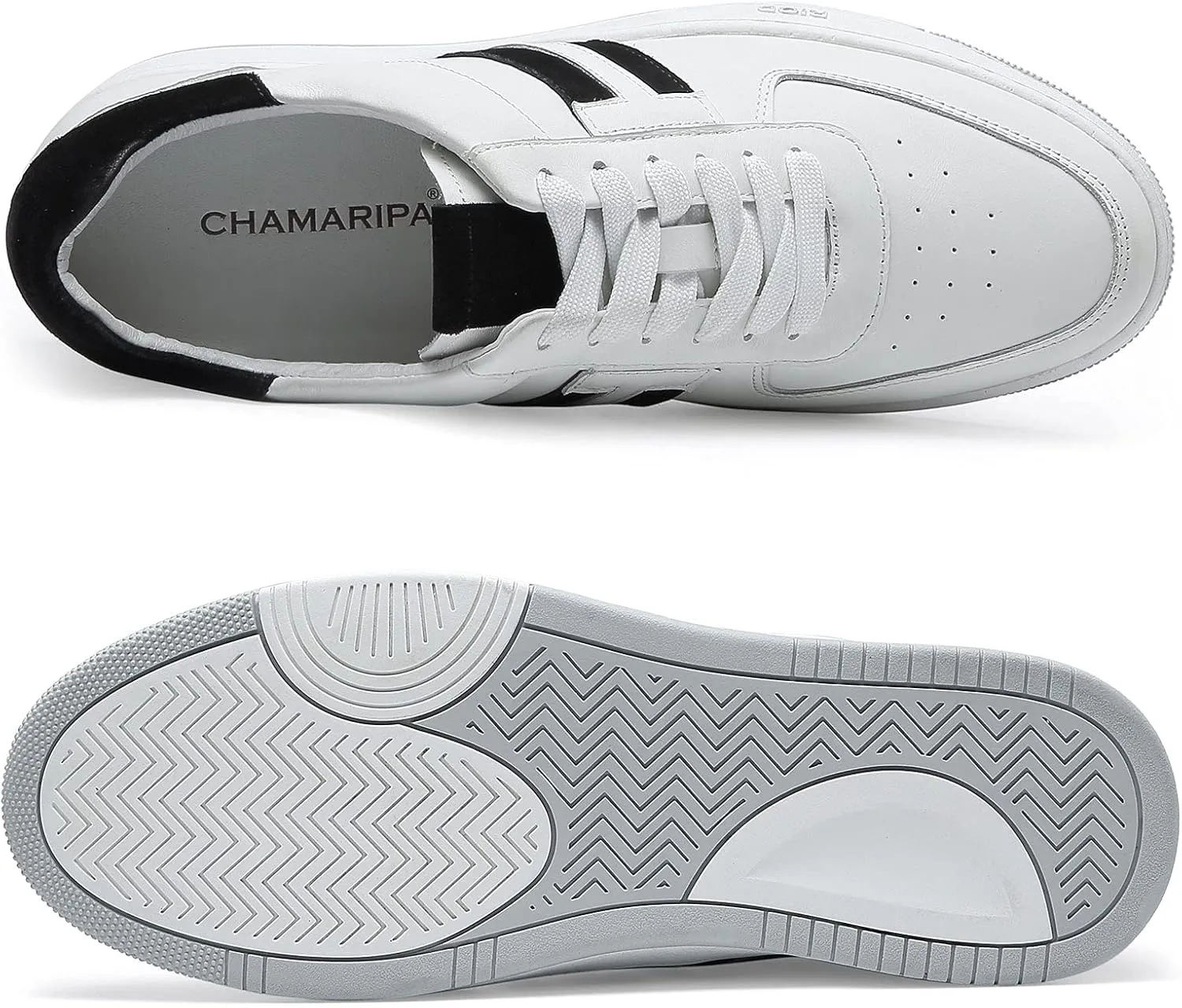CHAMARIPA Hidden Heel Premium Leather Height Increase Low-Top Skate Shoes Men's Invisible Height Increasing Elevator Casual Fashion Sneaker