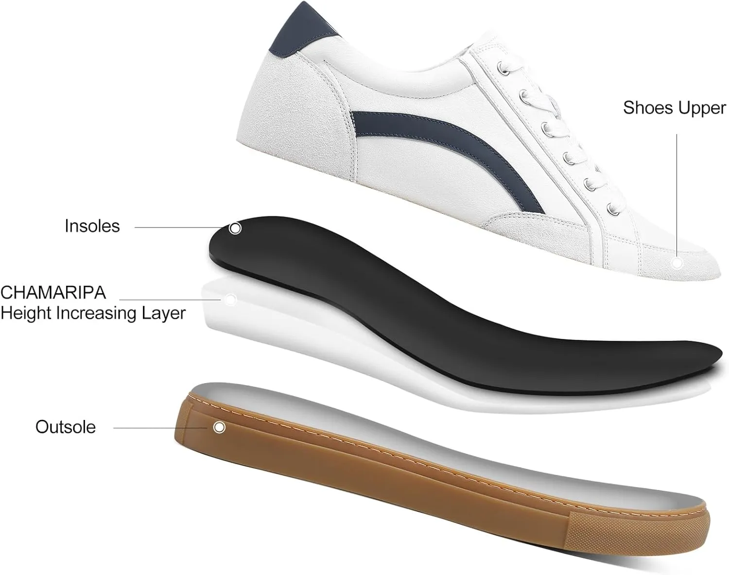 CHAMARIPA Hidden Heel Premium Leather Height Increase Low-Top Skate Shoes Men's Invisible Height Increasing Elevator Casual Fashion Sneaker