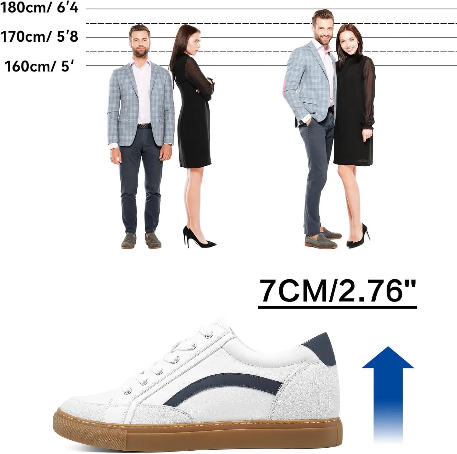 CHAMARIPA Hidden Heel Premium Leather Height Increase Low-Top Skate Shoes Men's Invisible Height Increasing Elevator Casual Fashion Sneaker