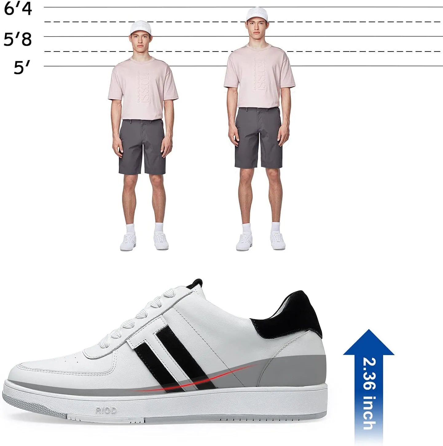 CHAMARIPA Hidden Heel Premium Leather Height Increase Low-Top Skate Shoes Men's Invisible Height Increasing Elevator Casual Fashion Sneaker