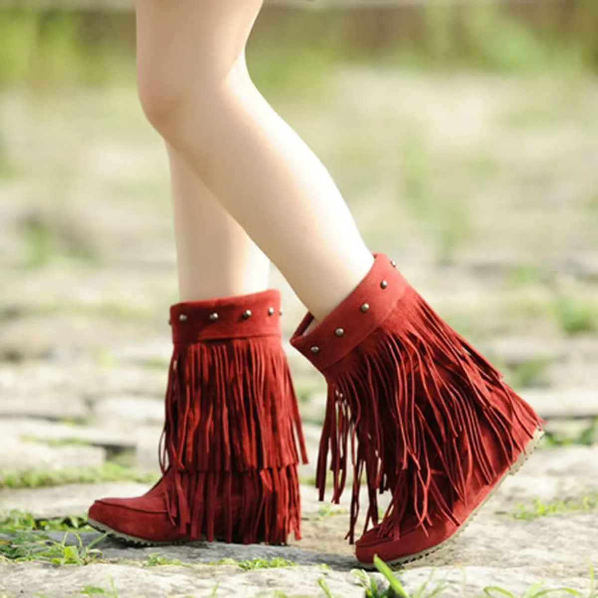 Ciuyurra Classic Double Fringe Moccasin Boots Mid Calf Women Flat
