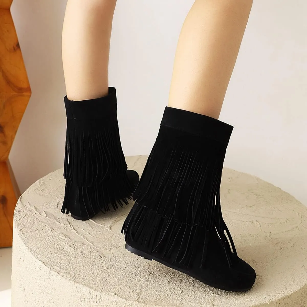 Ciuyurra Classic Double Fringe Moccasin Boots Mid Calf Women Flat