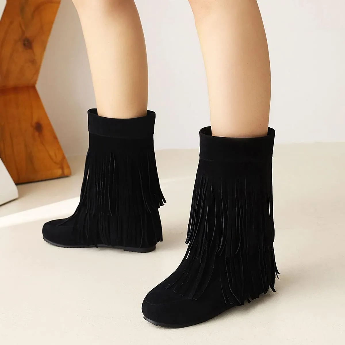 Ciuyurra Classic Double Fringe Moccasin Boots Mid Calf Women Flat