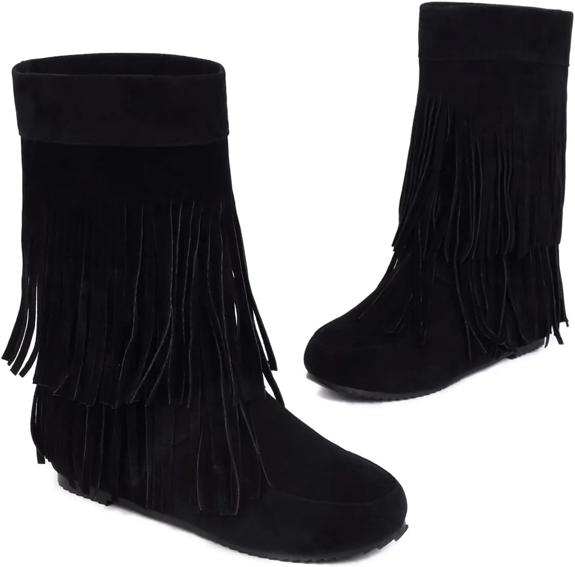 Ciuyurra Classic Double Fringe Moccasin Boots Mid Calf Women Flat