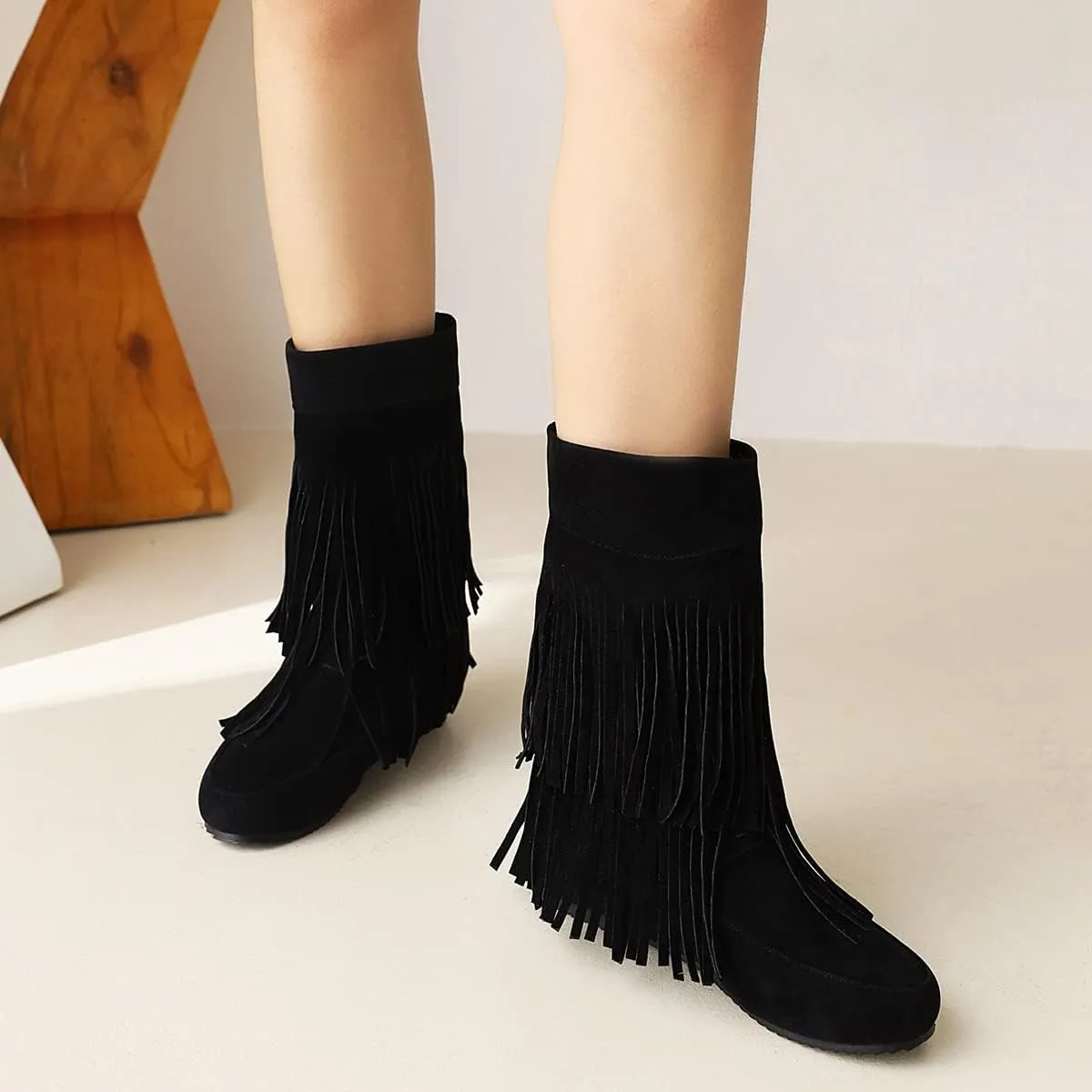 Ciuyurra Classic Double Fringe Moccasin Boots Mid Calf Women Flat